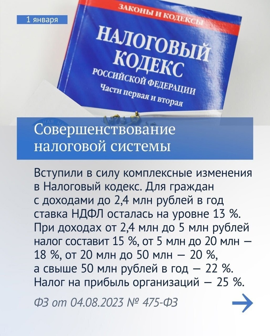 📝 Новые законы, вступающие в силу с января этого года. Подробнее смотрите в карточках.